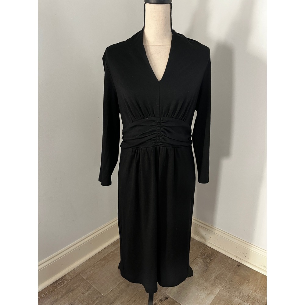 Black Wool Midi Dress size 12 Long Sleeve Empire Waist Office Winter Minimalist